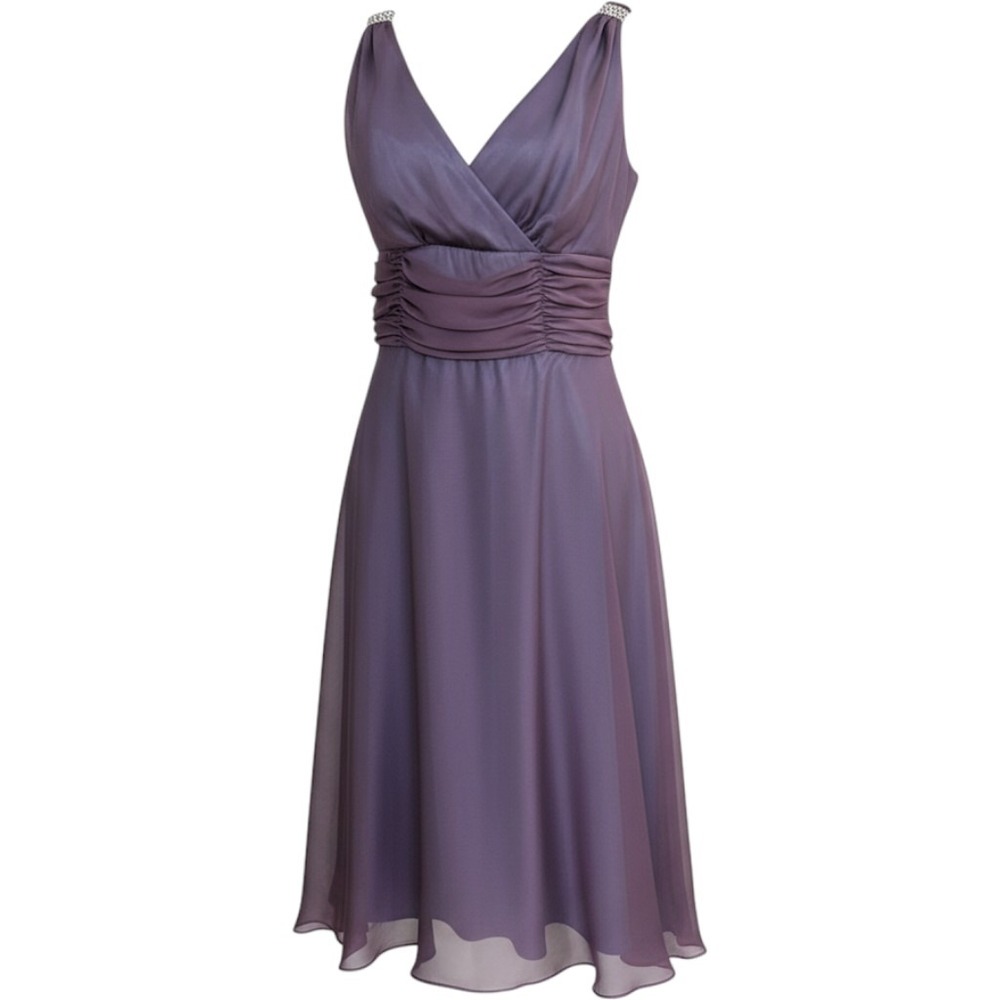 Patra Purple Iridescent Chiffon Ruched Cocktail Dress Size 8 Beaded Shoulder Tie